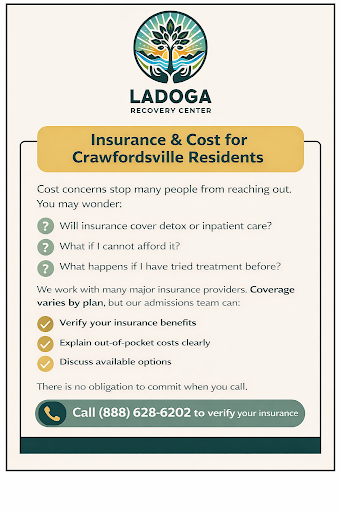 Graphic explaining how Ladoga Recovery Center can help you verify insurance and discuss costs with no obligation.